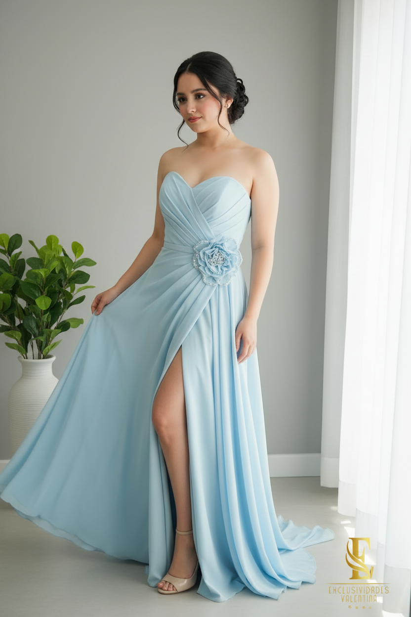 Vestido Azul Cielo Chiffon Strapless Rose  cod.V231