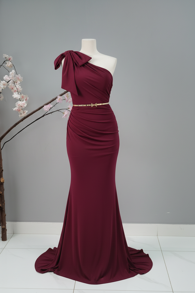 Vestido Vino Un Hombro Lazo Dorado cod.V308
