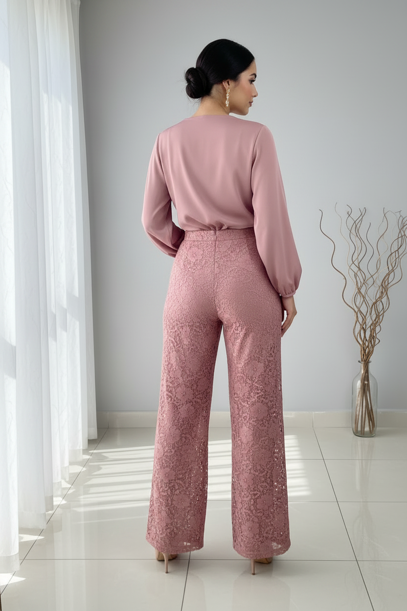 Conjunto Rosa Palo Top Cruzado Manga Globo Rosa 3D Palazzo Encaje C321
