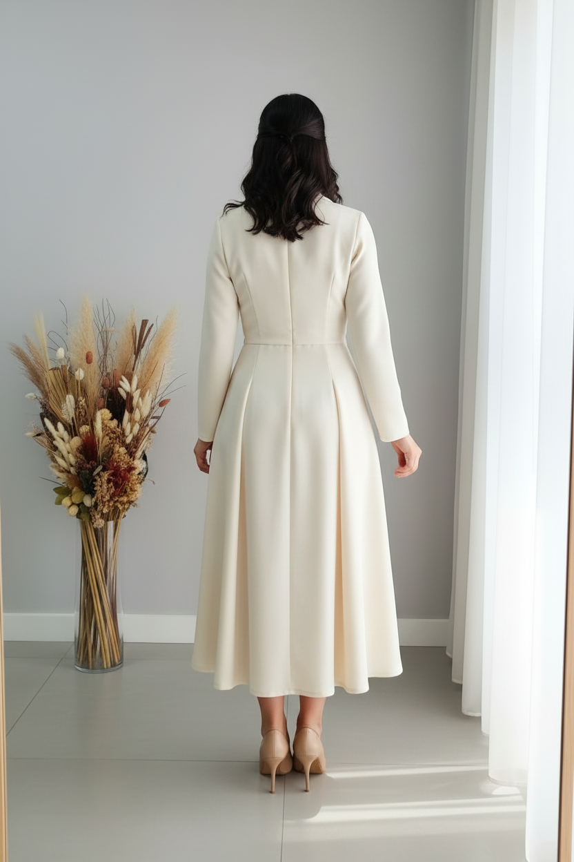 Vestido Ivory Tipo Blazer con Falda A-Line y Cinturón Dorado cod.V373
