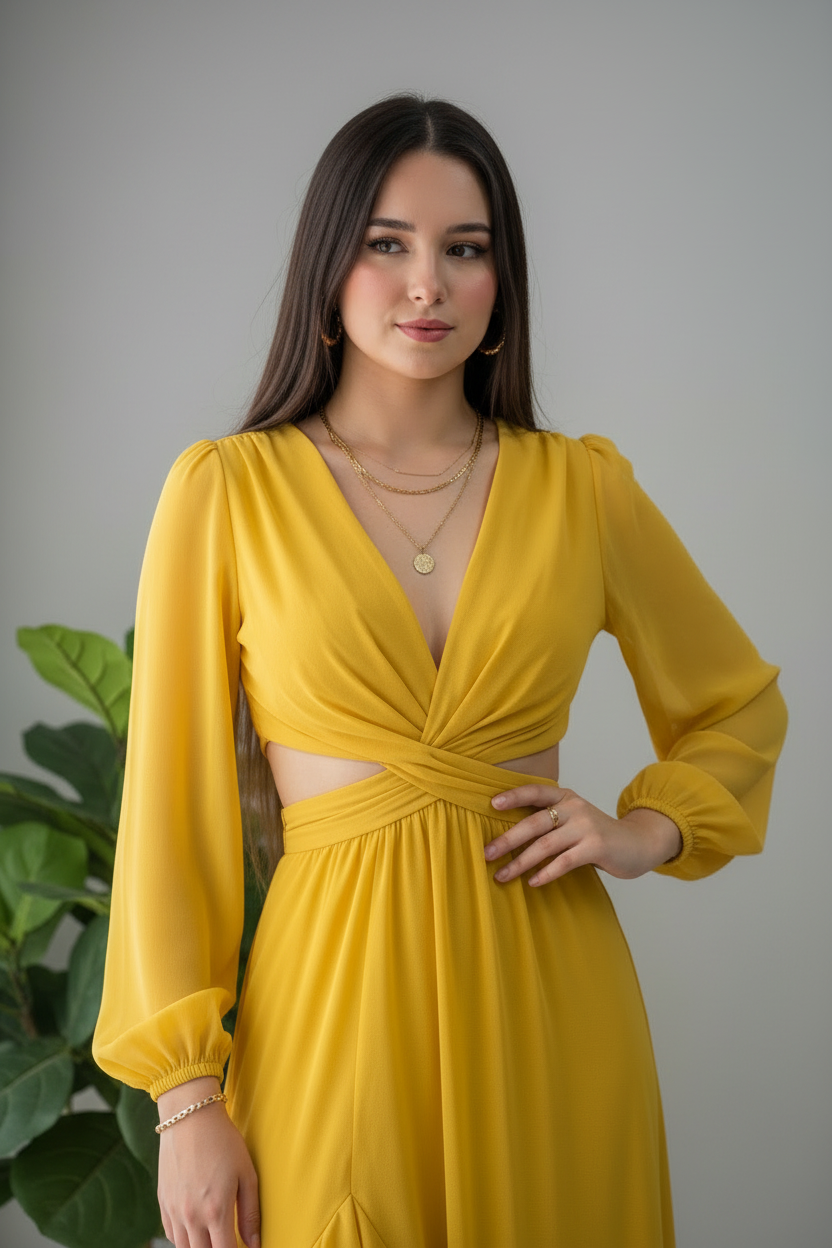Vestido Amarillo Mostaza Maxi con Volantes cod.948