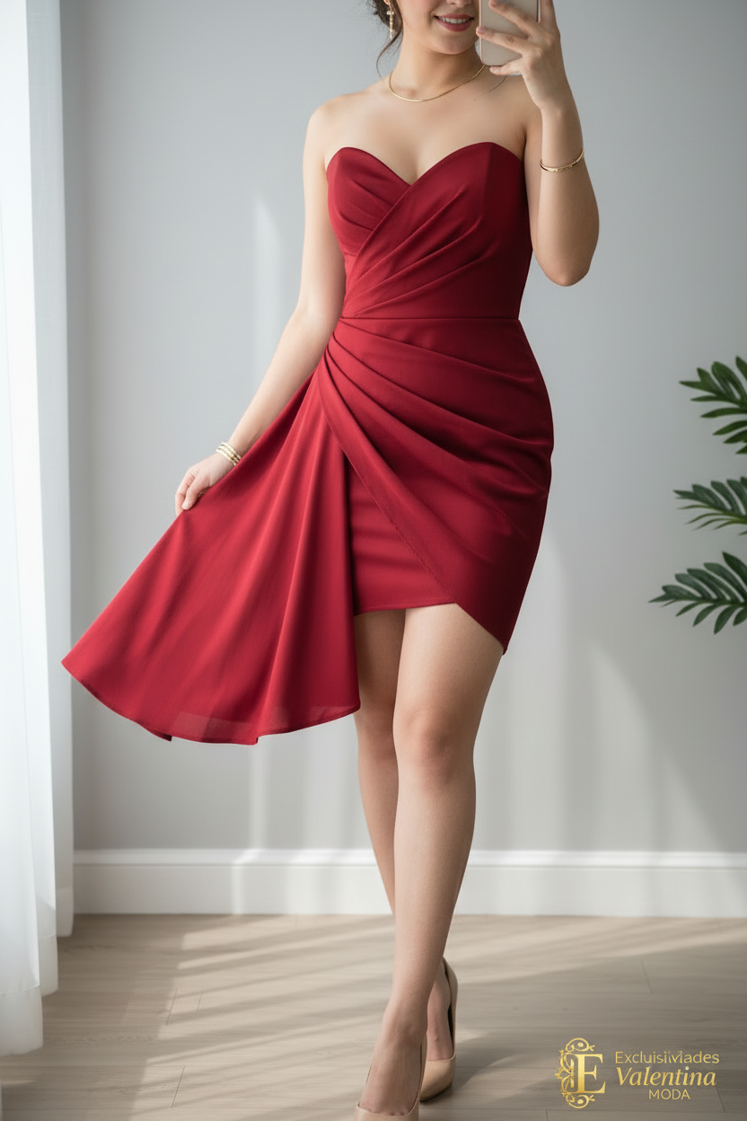 Vestido Rojo Vino Strapless Escote Corazón Drapeado Asimétrico cod.936
