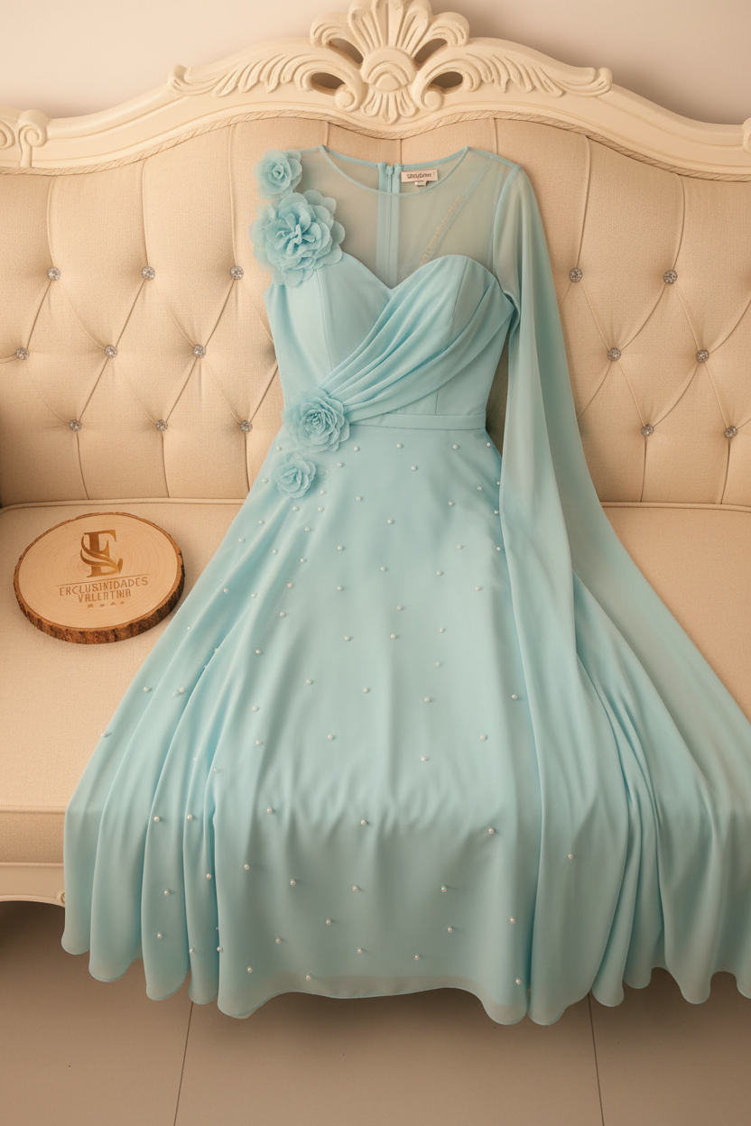 Vestido Azul Cielo — Rosas 3D & Capa cod.850