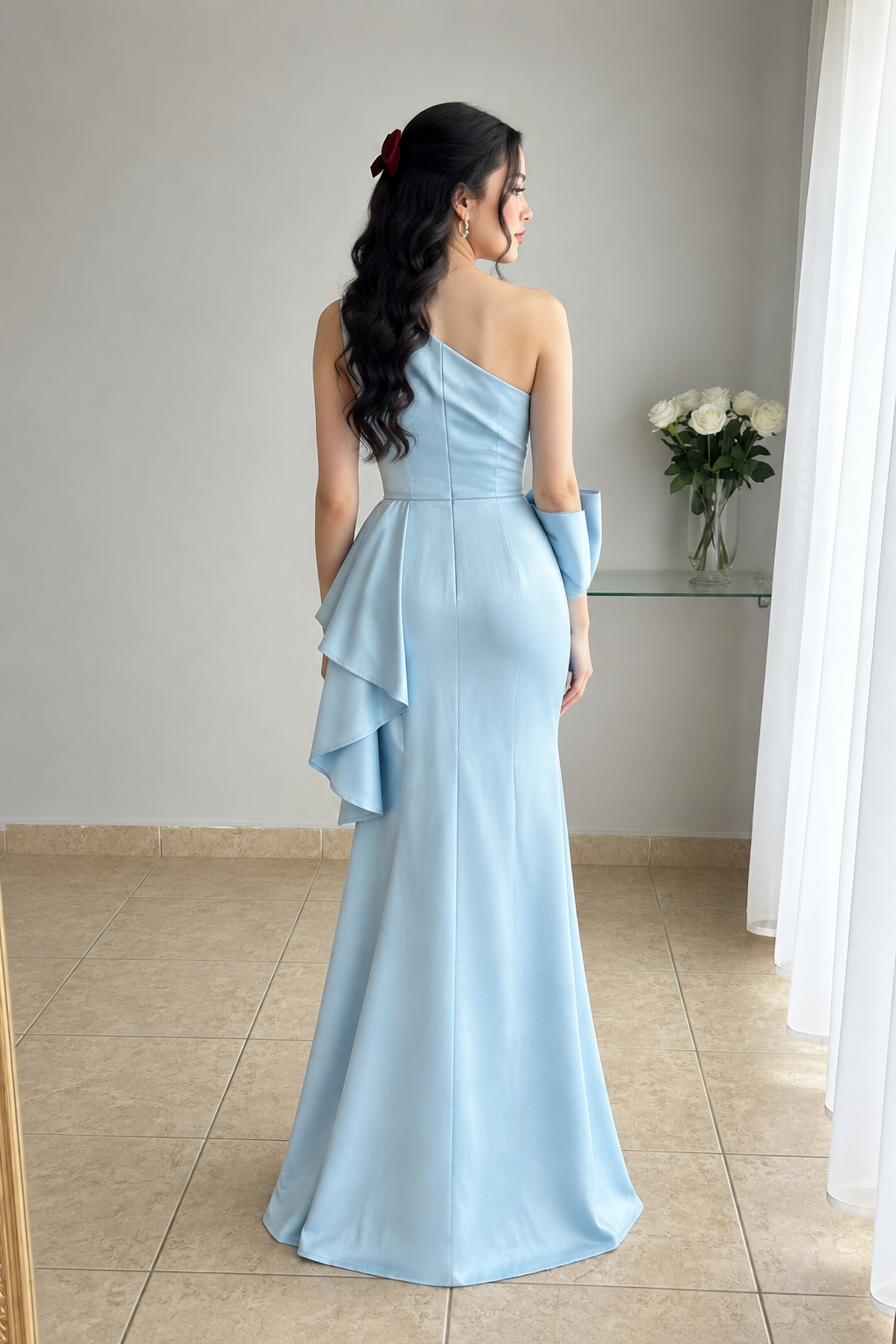 Vestido largo celeste de un hombro con pedrería y gran lazo cod. VC014