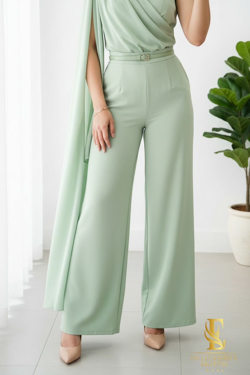 Conjunto Verde Sage Top Un Hombro Rosa 3D con Palazzo y Cinturón cod.C288