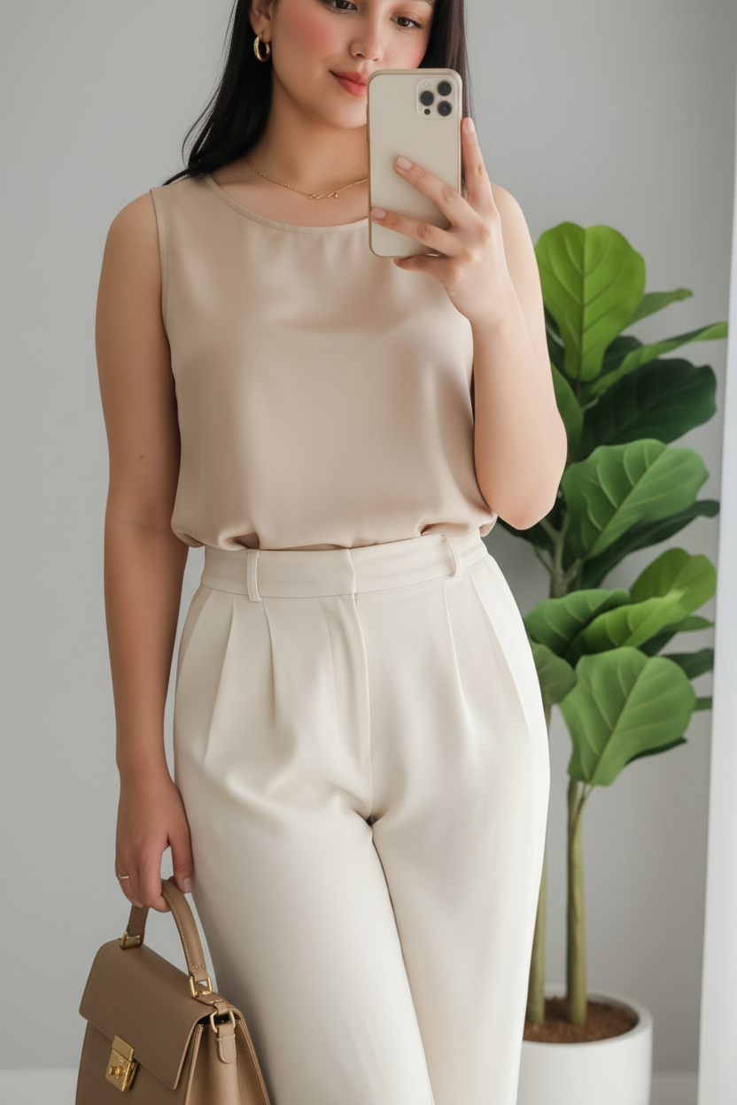 Conjunto Top Satinado Beige Sin Mangas y Pantalón Palazzo Crema Tiro Alto cod.767