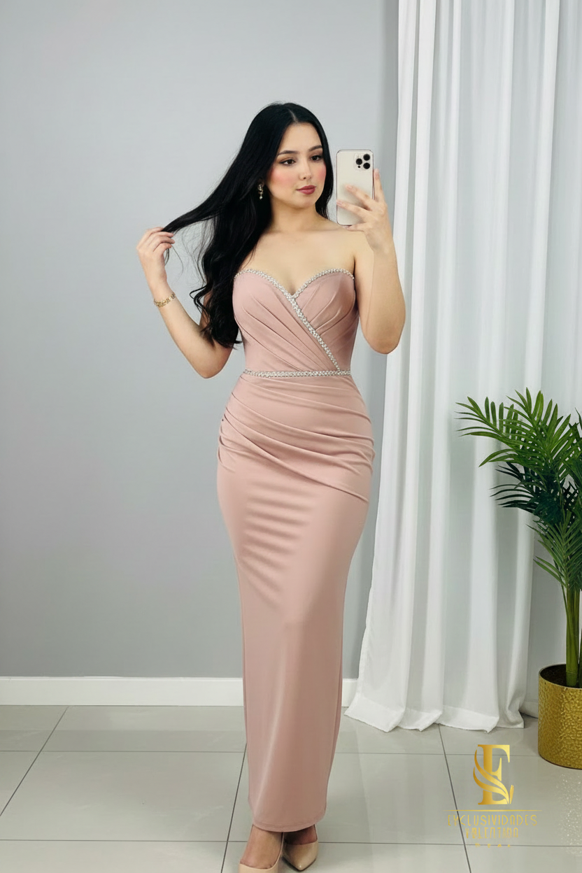 Vestido Rosa Palo Strapless con Cadena de Cristales cod.0065