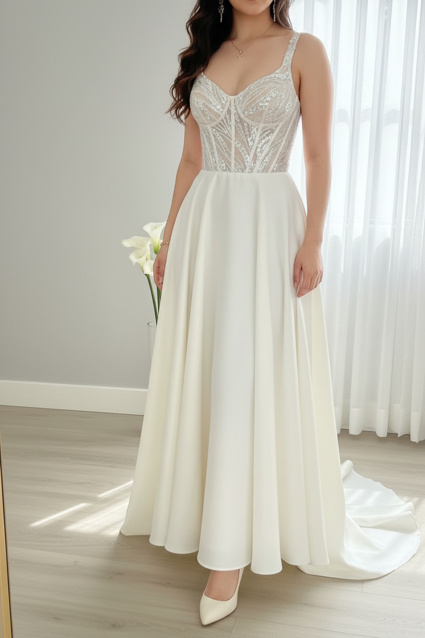 Vestido nupcial blanco corpino pedrería bordado falda A-line C.1941