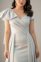 Vestido Gris Plateado Manga Abullonada Escote V Cruzado Falda A-Line — Gala y Eventos de Lujo cod.0071