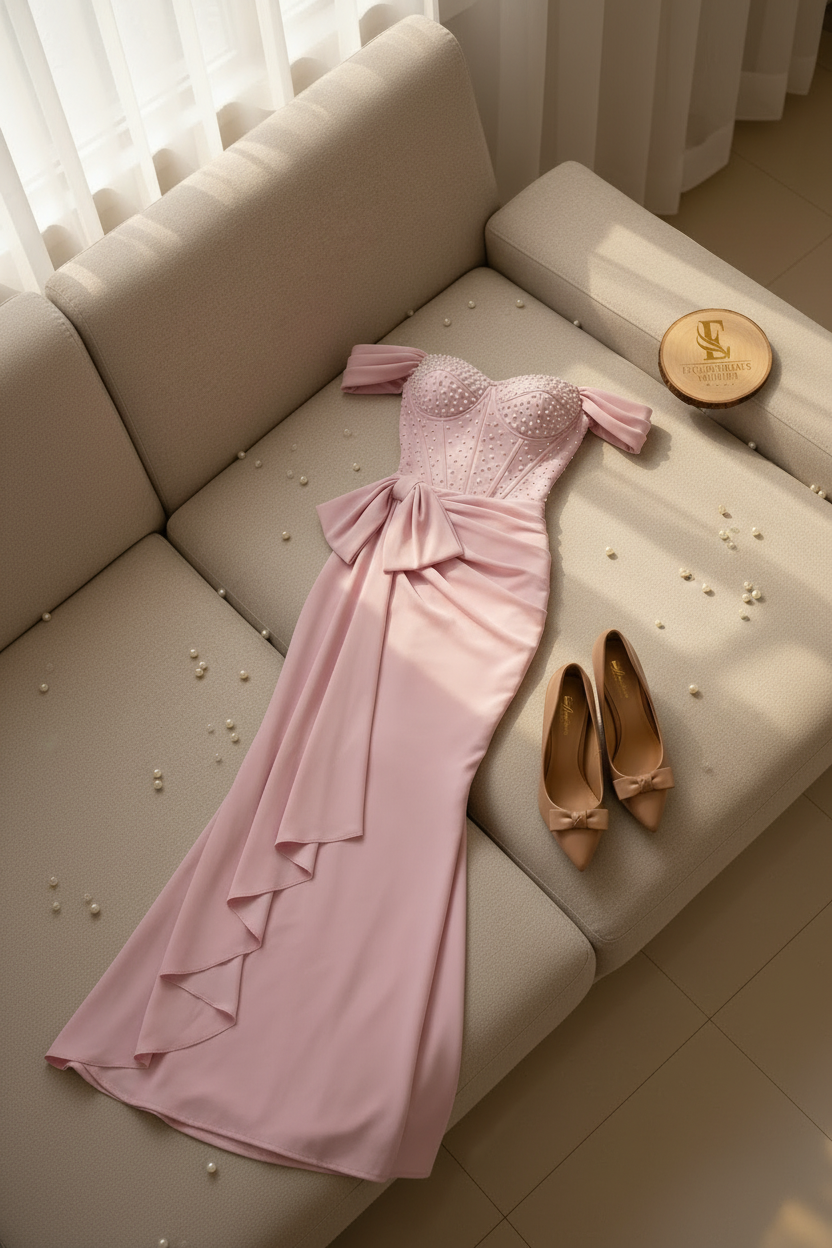 Vestido Formal Rosa Off-Shoulder Corset con Perlas y Lazos cod.505
