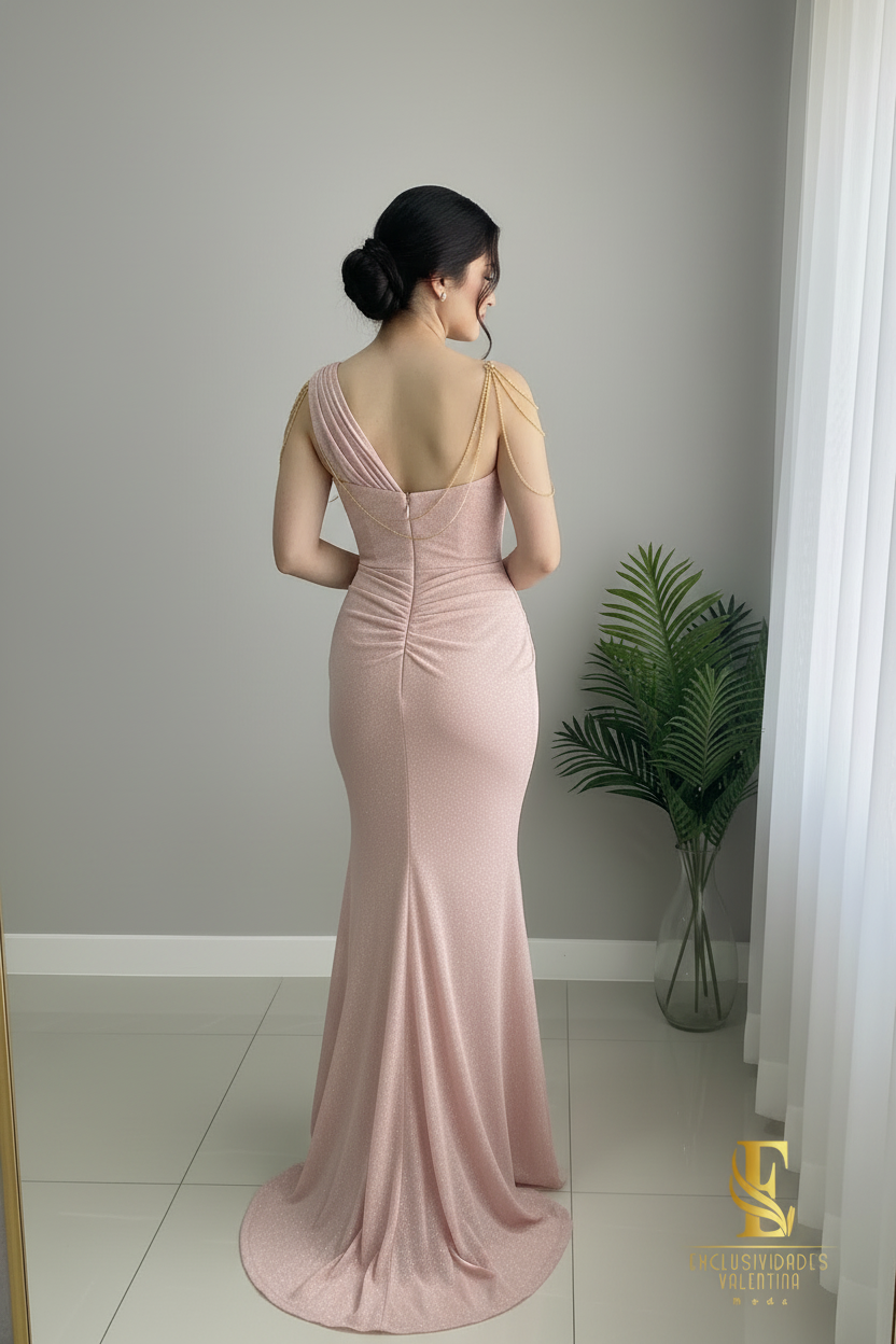 Vestido Sirena Rosa Blush Brillante Un Hombro con Drapeado Diagonal cod.C250