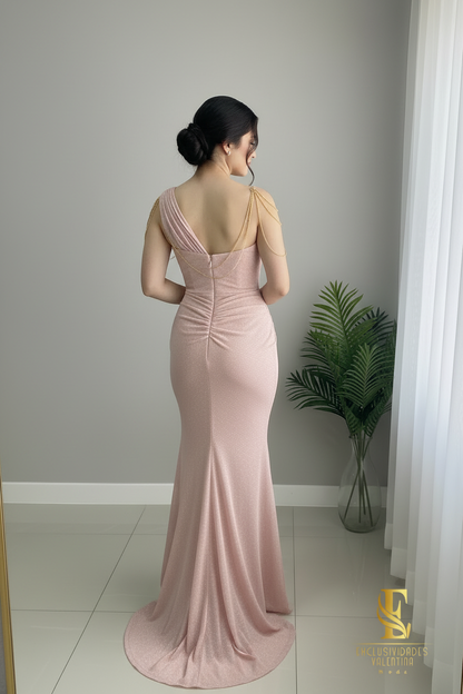 Vestido Sirena Rosa Blush Brillante Un Hombro con Drapeado Diagonal cod.C250