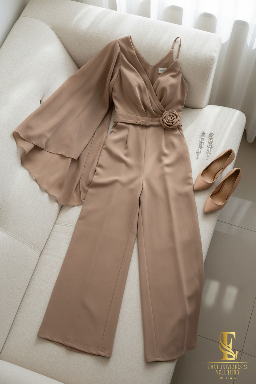Conjunto Camel Top Drapeado con Gasa y Pantalón Palazzo cod.C279