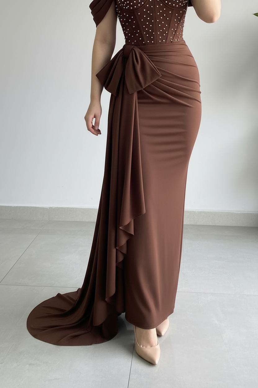 Vestido Formal Café Chocolate Off-Shoulder Corset con Perlas y Lazo