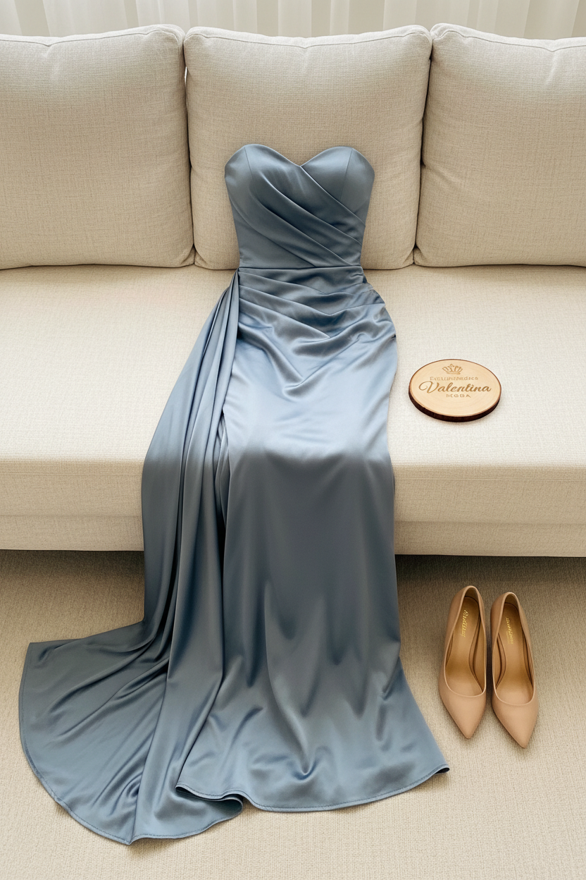 Vestido Steel Blue Sirena – Gown Gris Azulado Strapless con Cola cod.673