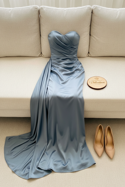 Vestido Steel Blue Sirena – Gown Gris Azulado Strapless con Cola cod.673