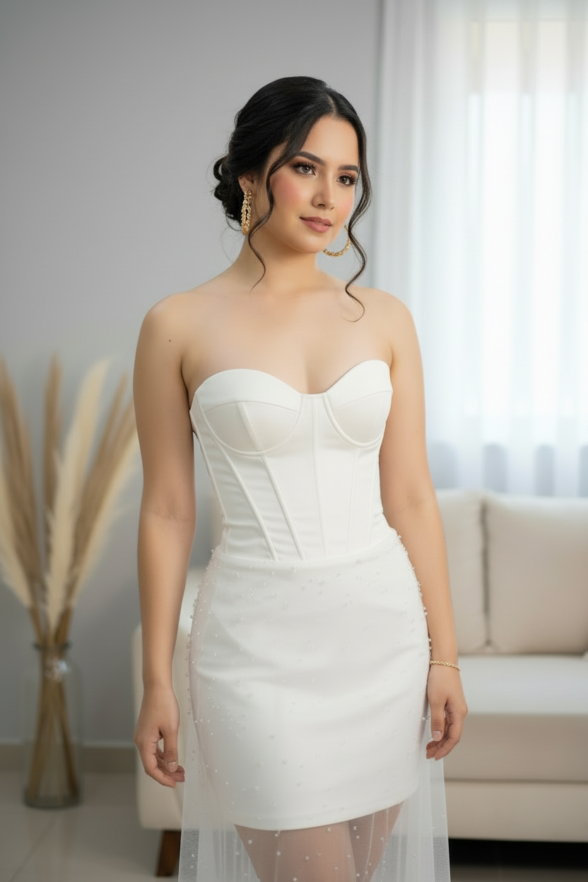 Vestido Blanco Strapless Corset Mini con Tul Perlas cod.V591