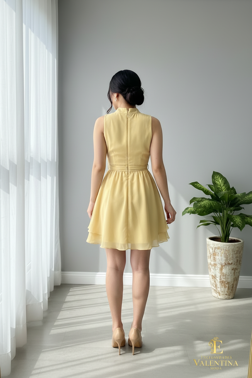 Vestido Amarillo Mantequilla Halter Rosa 3D Falda Capas Chifón cod.931