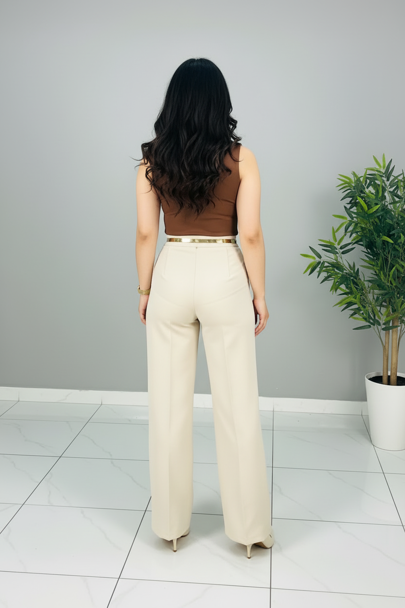 Conjunto Top Marrón Escote V y Pantalón Palazzo Beige cod.553