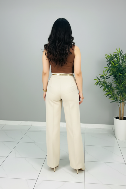 Conjunto Top Marrón Escote V y Pantalón Palazzo Beige cod.553