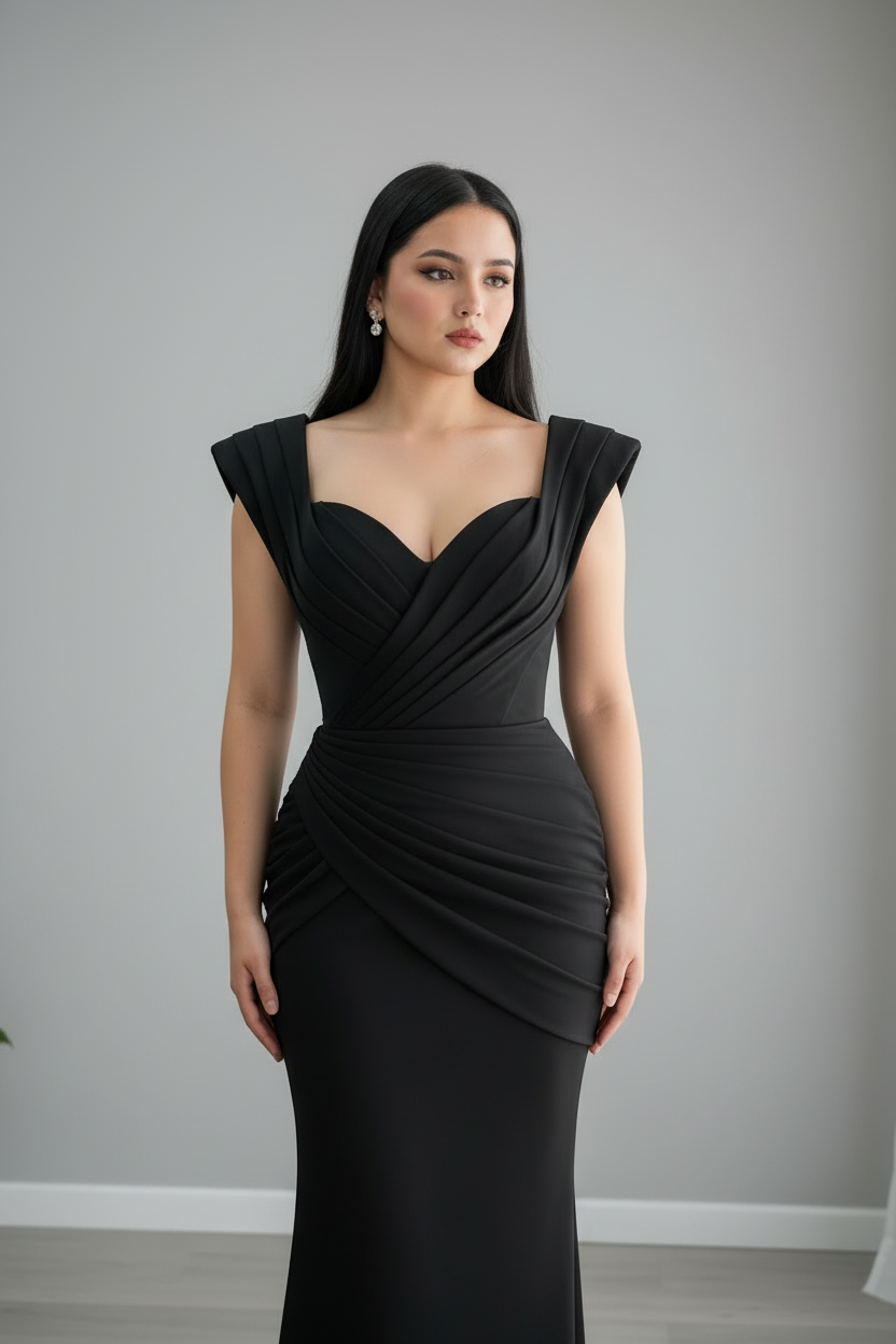 Vestido Negro Escote Corazón Tirantes Estructurados Drapeado Sirena cod.742