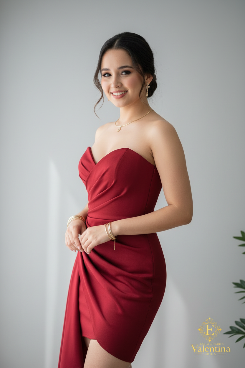 Vestido Rojo Vino Strapless Escote Corazón Drapeado Asimétrico cod.936