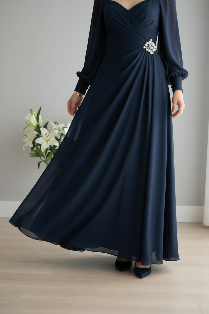 Vestido azul marino manga larga gasa C.1929