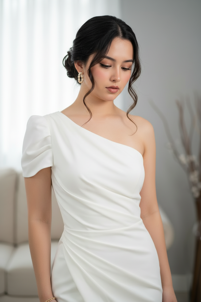 Vestido de Gala Blanco Hombro Asimétrico con Abertura cod.V597