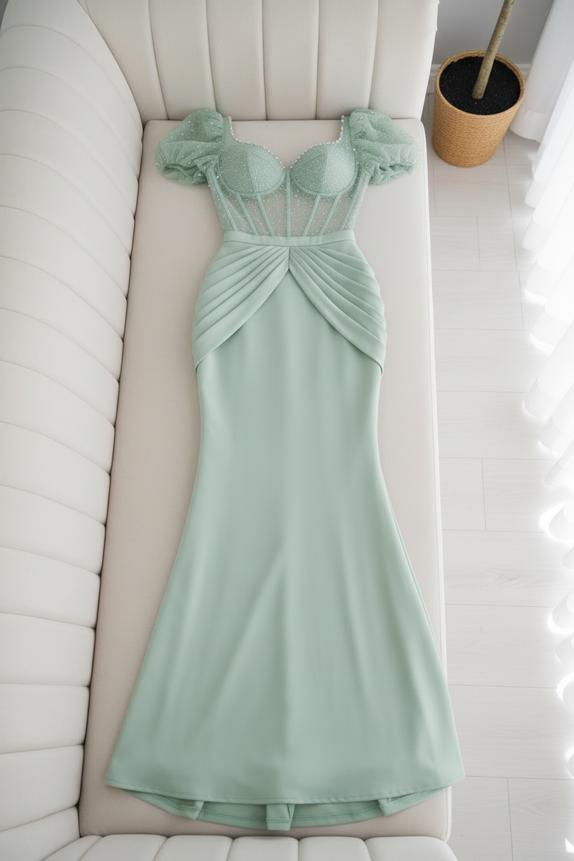 Vestido Verde Menta — Corset Tul con Perlas, Mangas Globo y Drapeado Sirena cod.V632