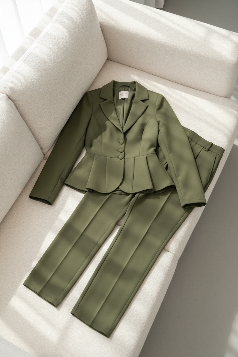 Traje Verde Olivo Blazer Peplum y Pantalón Recto cod.C371