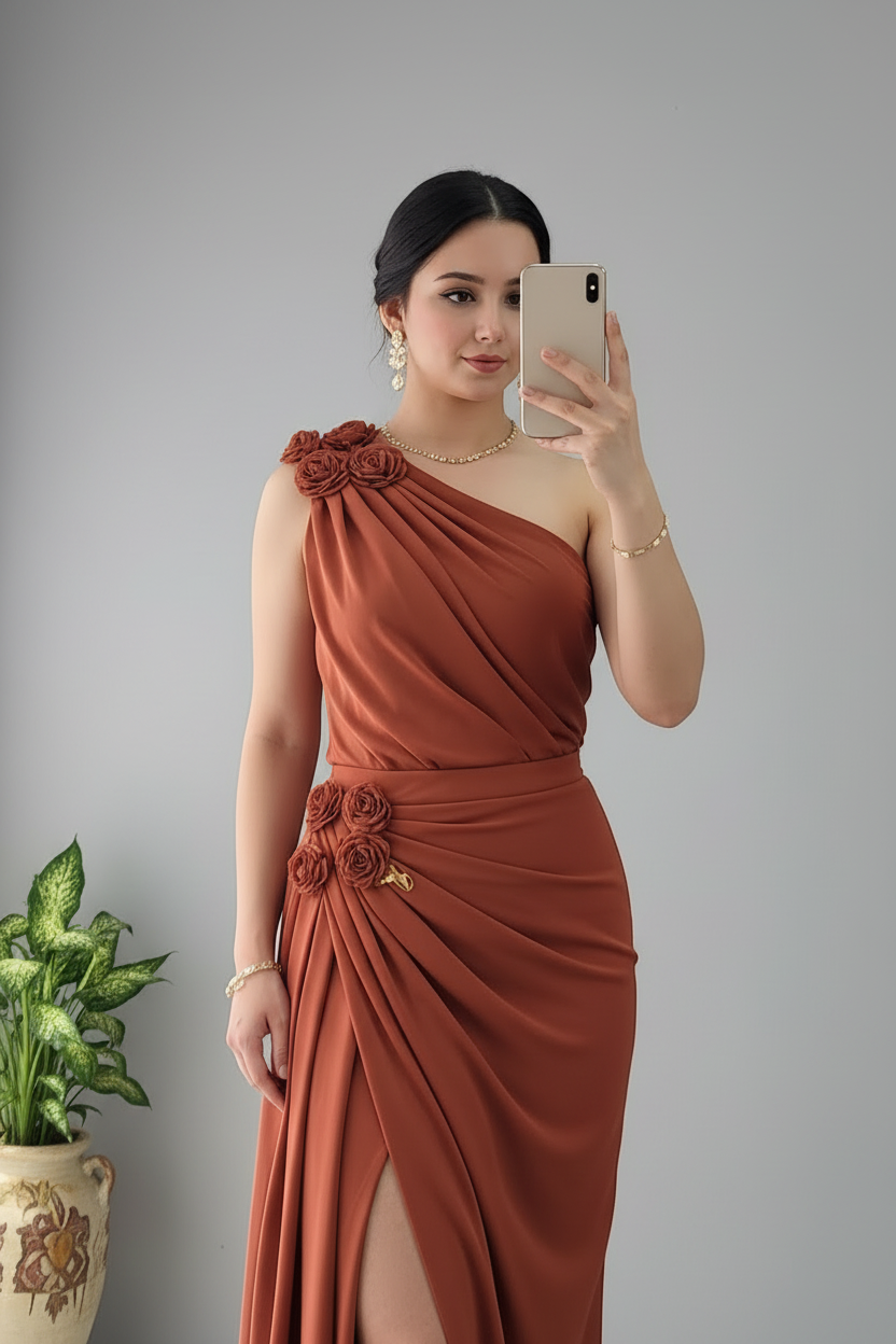 Vestido Terracota Un Hombro Rosas 3D con Abertura Lateral Alta cod.819