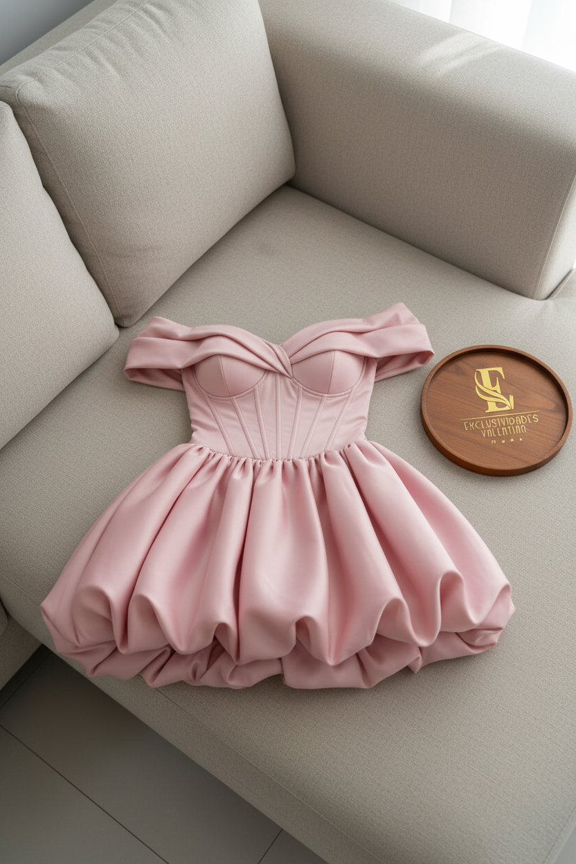 Vestido Rosa Off-Shoulder Corsé con Falda Bubble cod.974