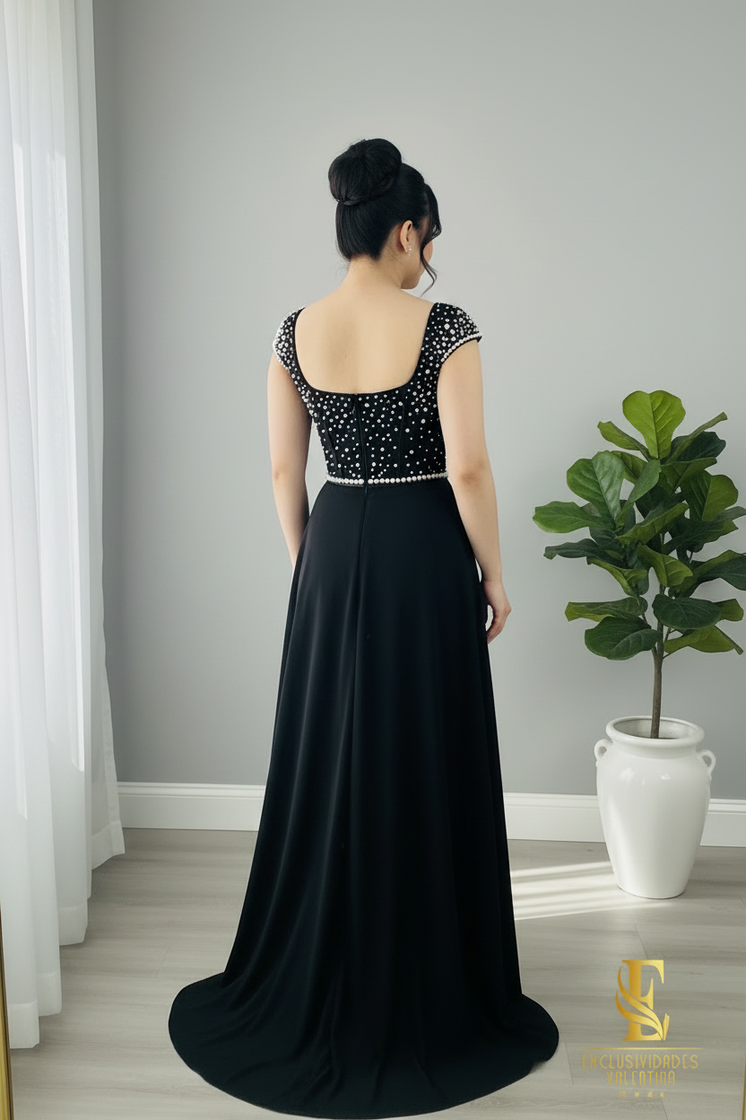 Vestido Negro con Córset de Perlas y Falda con Abertura cod.V245