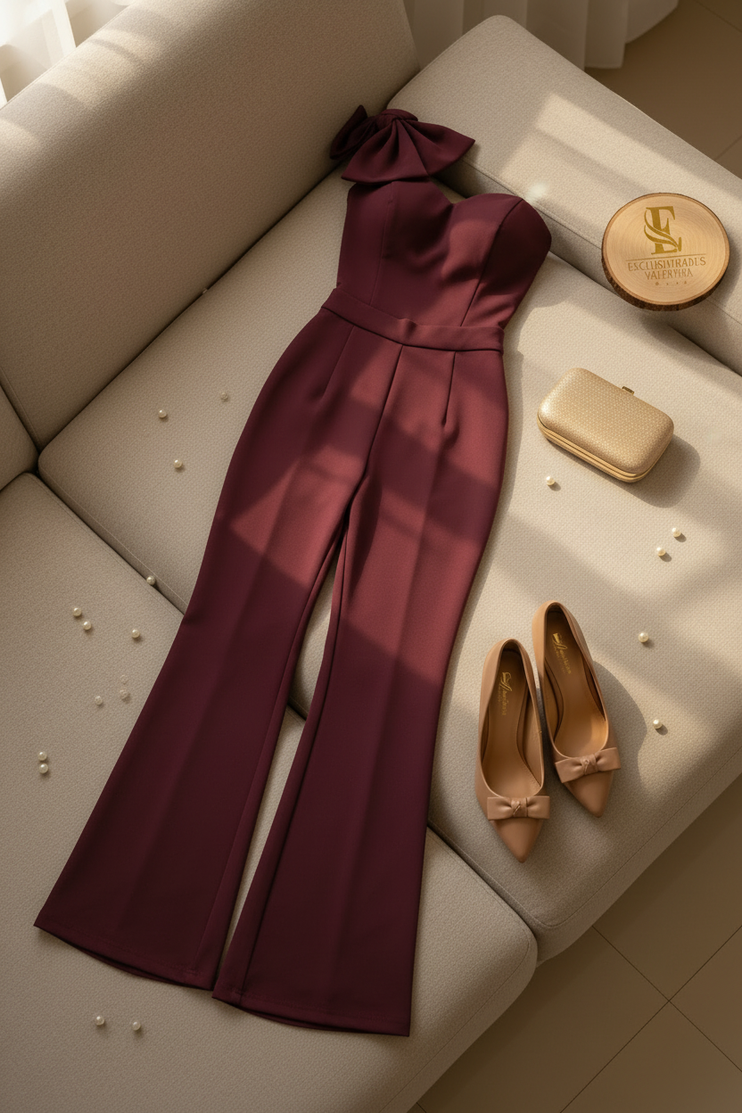 Conjunto Elegante Vino Borgoña Top Strapless con Lazo y Pantalón Wide Leg cod.514