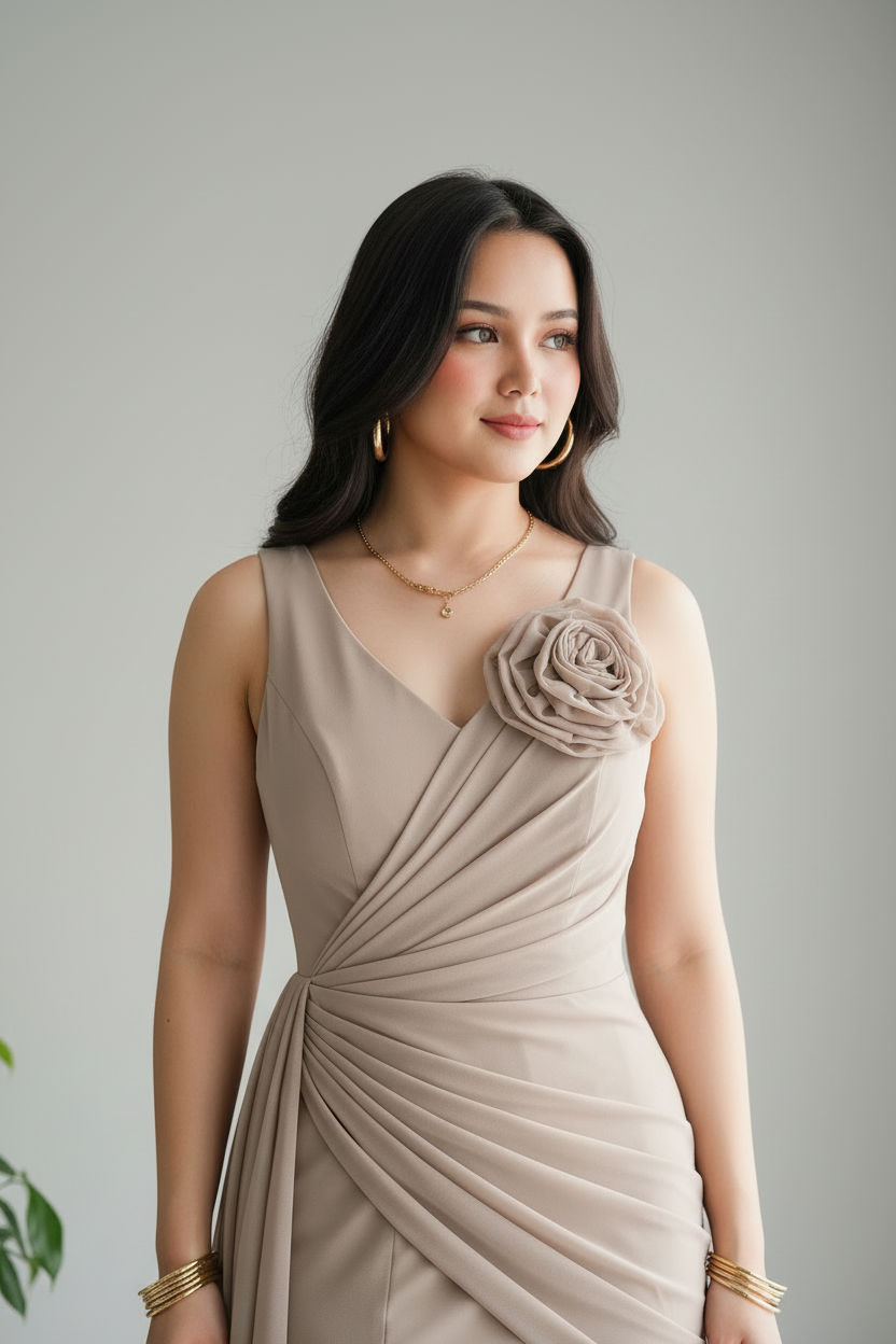 Vestido Nude Beige Sin Mangas con Rosa 3D y Volantes en Gasa cod.972