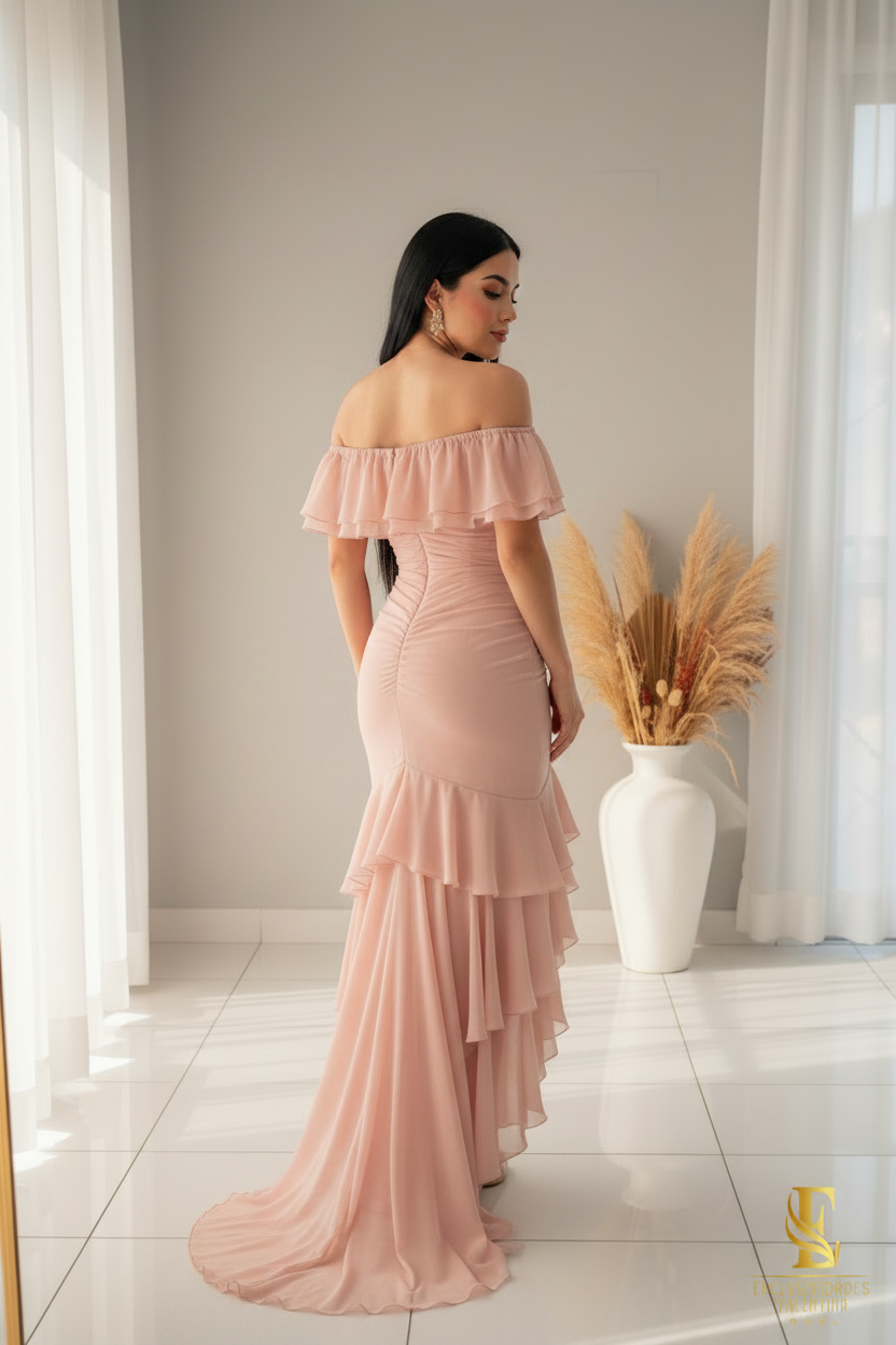 Vestido Blush Volants Off-Shoulder V218
