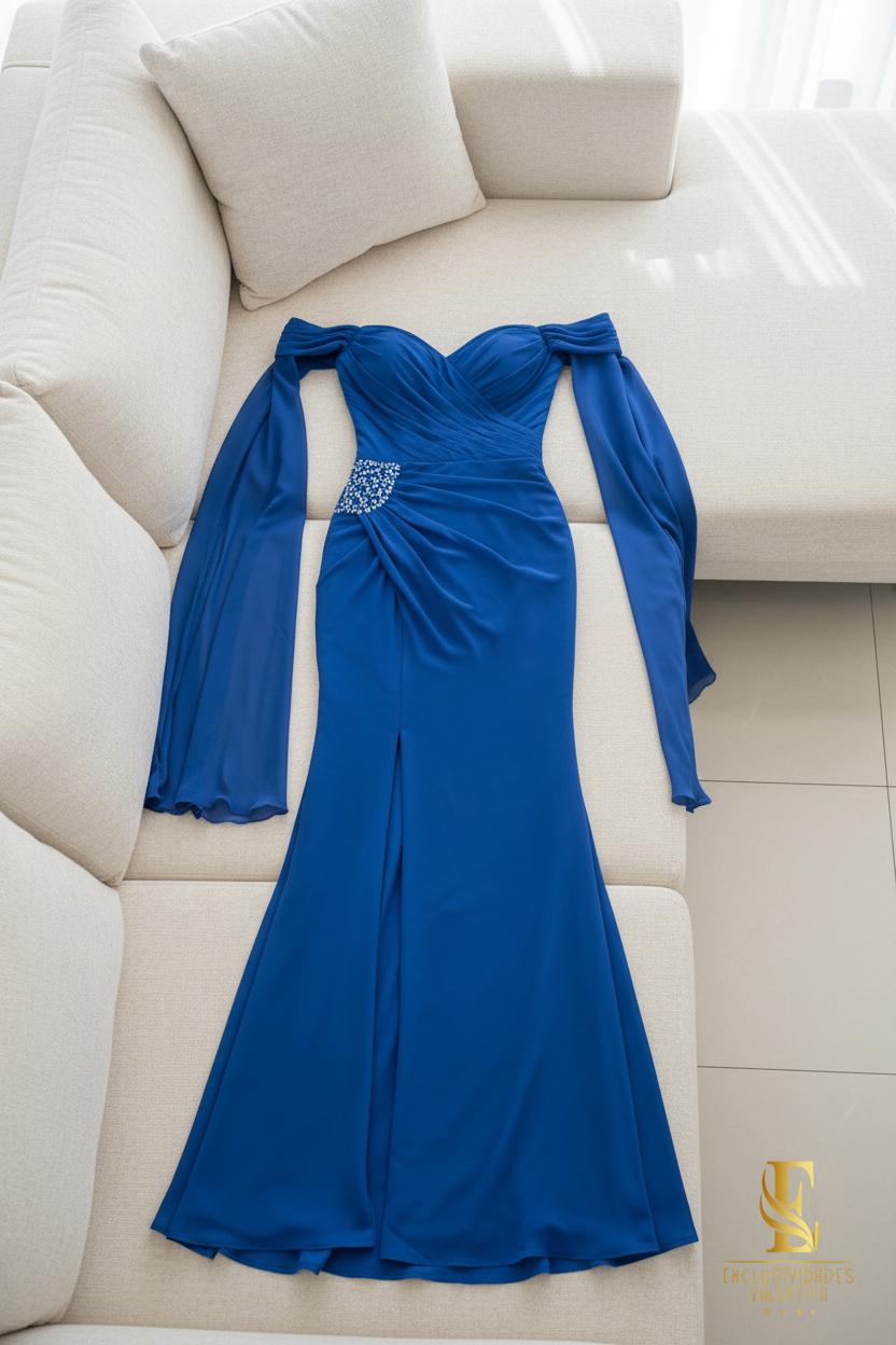 Vestido Sirena Azul Royal | Off-Shoulder Drapeado con Pedrería y Mangas Capa cod.V513