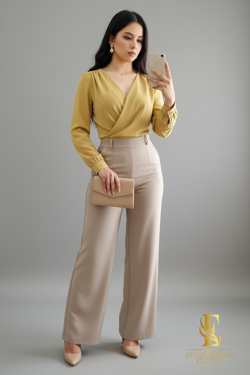 Blusa Mostaza Dorada | Wrap V-Neck Manga Larga con Puño Fruncido cod.B522
