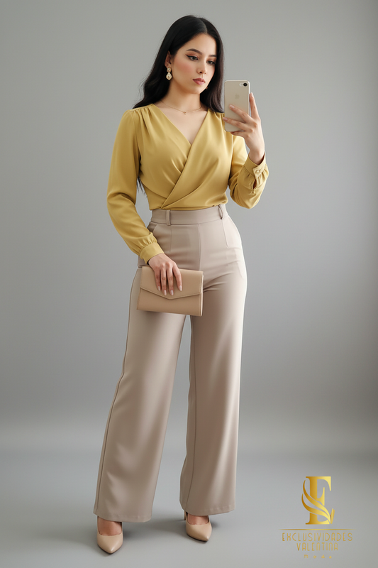 Blusa Mostaza Dorada | Wrap V-Neck Manga Larga con Puño Fruncido cod.B522