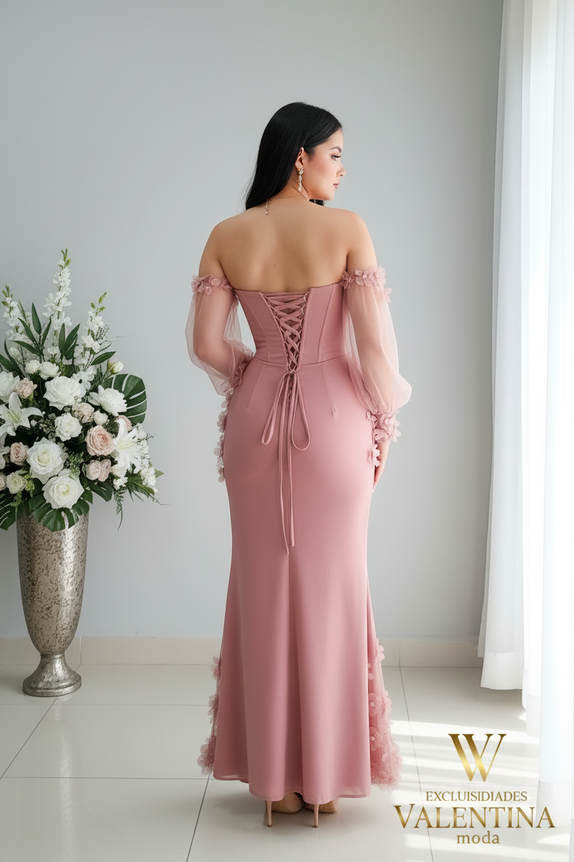 Vestido Rosa Sirena Corset con Mangas Tul Abullonadas y Flores D cod.V536