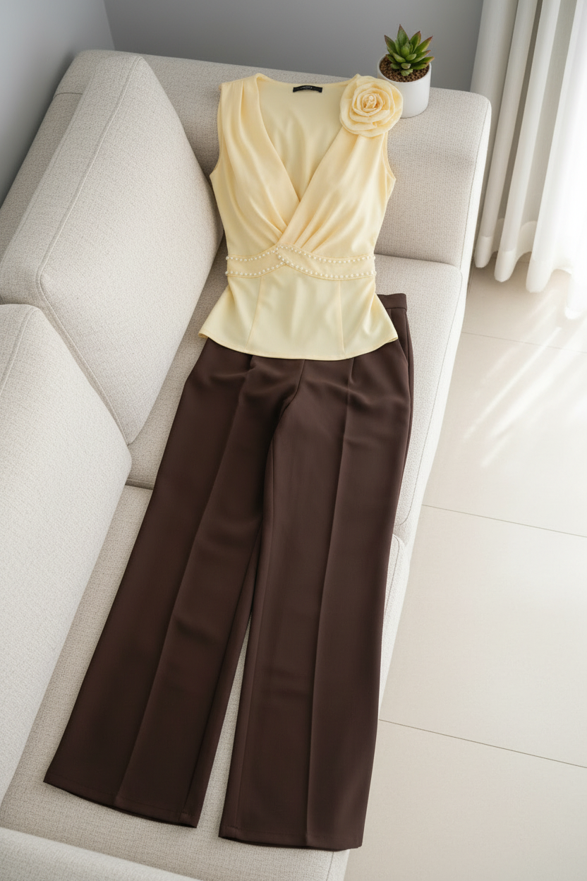 Conjunto Amarillo Pastel — B. Cruzada + Pantalón P. Marrón cod.C617