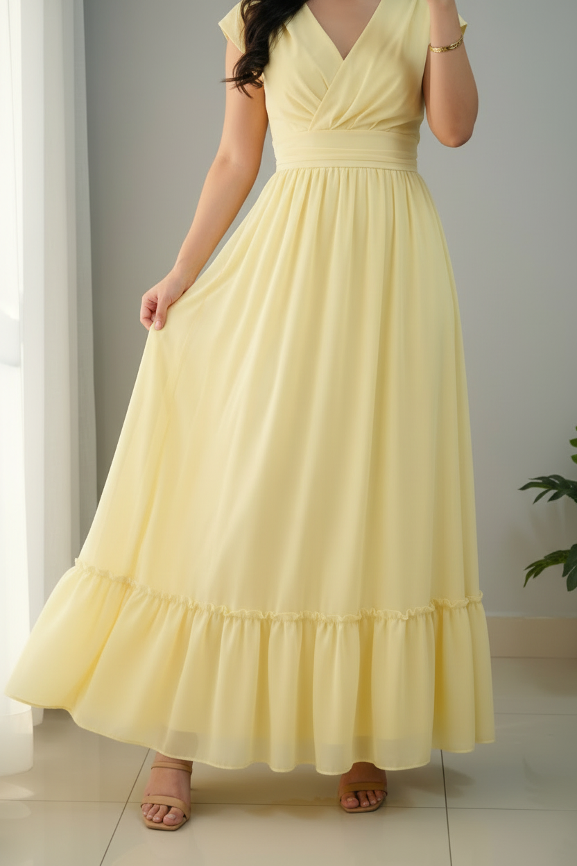 Vestido Amarillo Pastel Maxi con Escote V y Volante cod.780