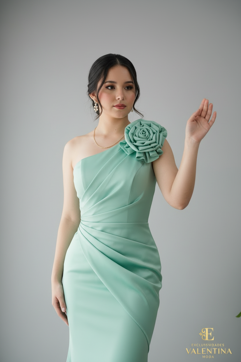 Vestido Menta Un Hombro Rosa 3D Sirena cod.921
