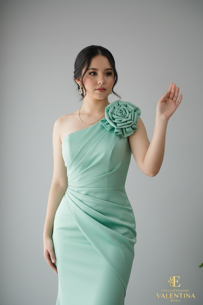Vestido Menta Un Hombro Rosa 3D Sirena cod.921
