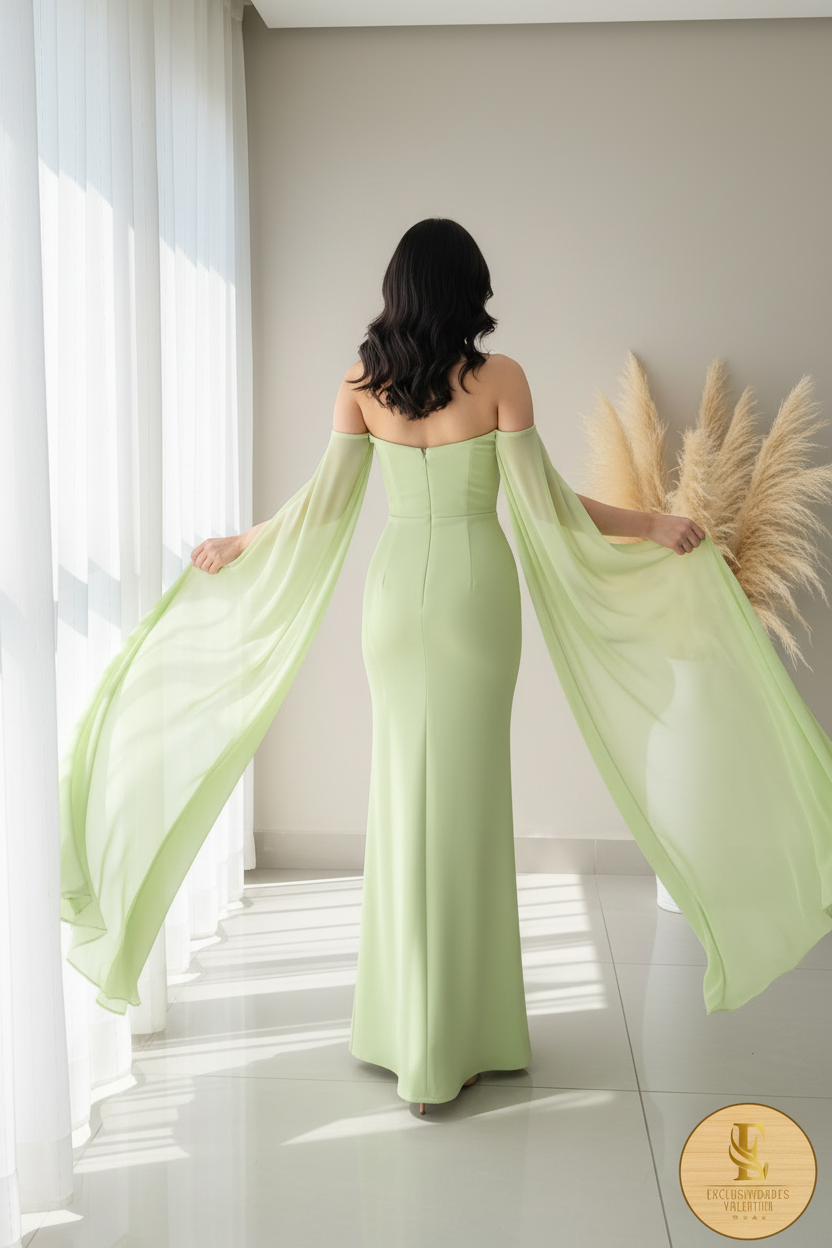 Vestido Verde Menta Off-Shoulder Sirena Capas Abertura cod.00103