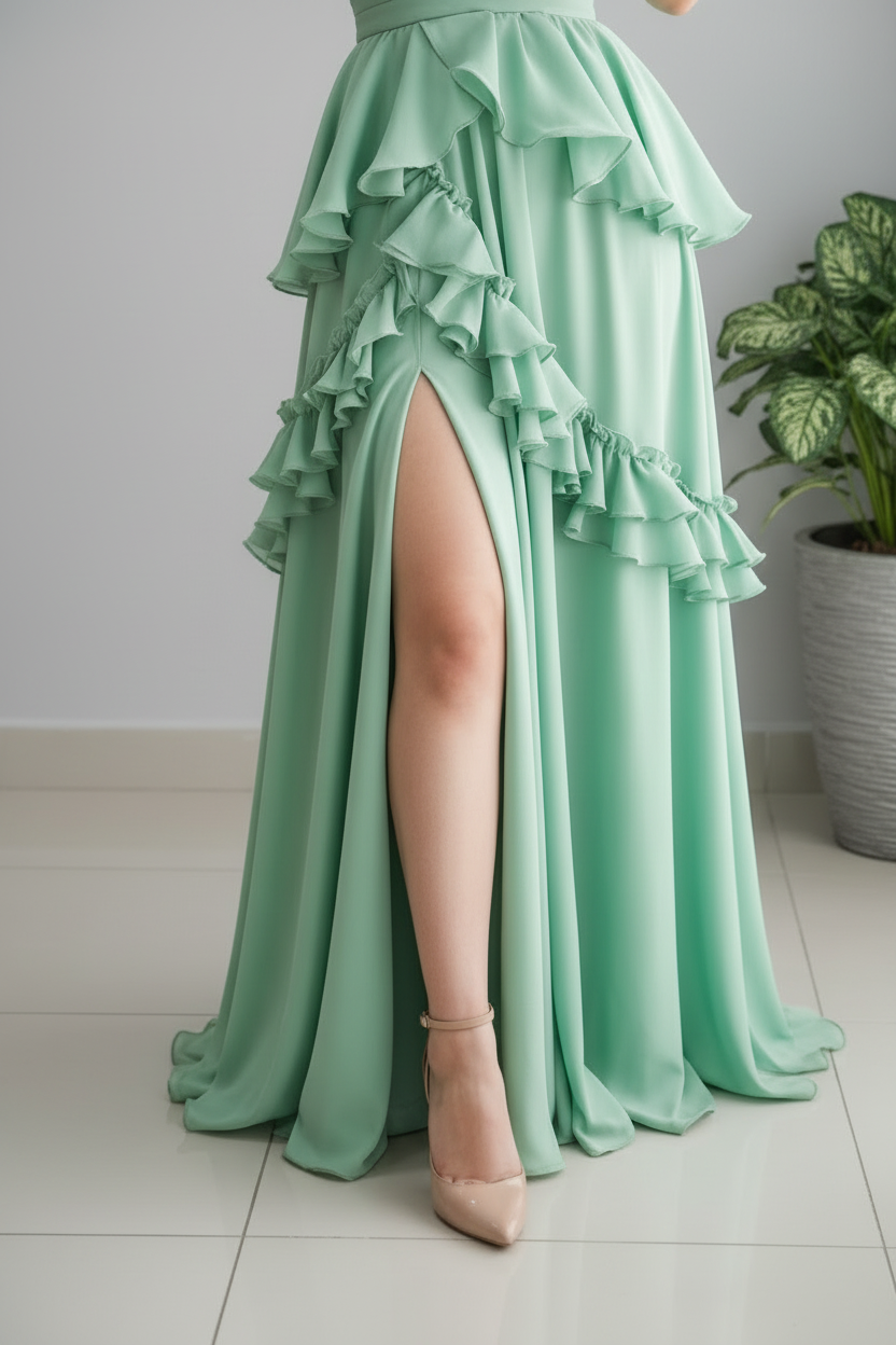 Vestido Verde Menta Maxi con Volantes y Abertura cod.953