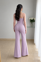 Enterizo Lila Tul Perlas Manga Larga Pantalón Bootcut cod.E0003