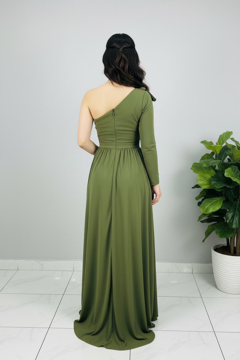 Vestido Verde Olivo Un Hombro cod.599