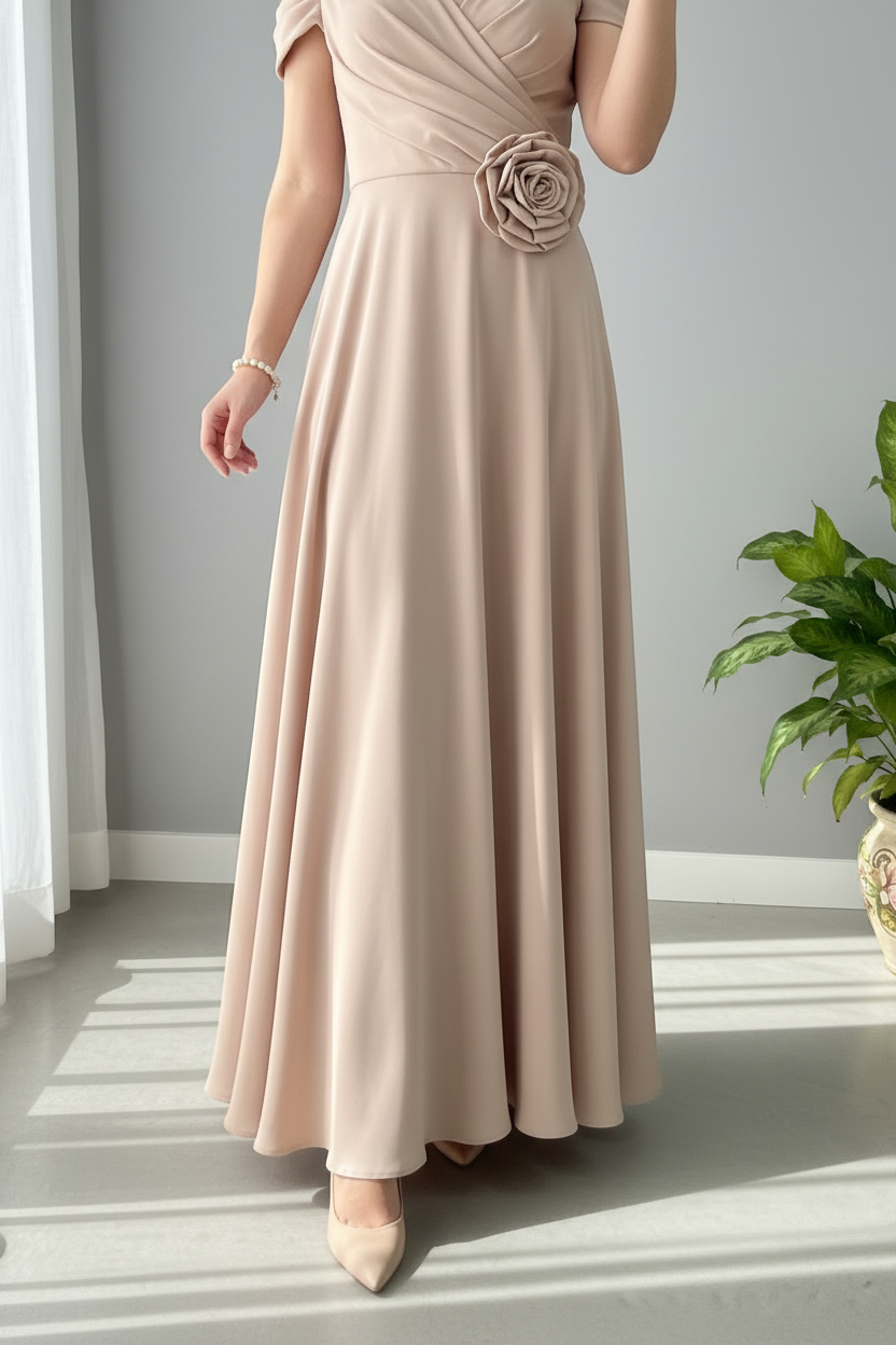 Vestido Champagne — Rosa 3D & Hombros Descubiertos cod.855