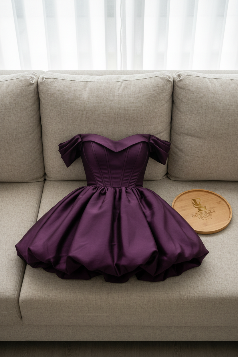 Vestido Morado Uva Off-Shoulder Corsé con Falda Bubble cod.975